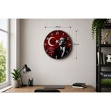 Atatürk ve Türk Bayrağı Temalı 28 cm Dekoratif Duvar Saati Ev Ofis Okul Duvar Saati - Kırmızı - 28 x 28 cm