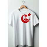 Atatürk ve Türkiye Bayrağı Baskılı Beyaz Oversize Bisiklet Yaka Tshirt - XL