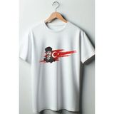 Atatürk ve Türkiye Bayrağı Baskılı Beyaz Oversize Bisiklet Yaka Tshirt