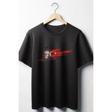 Atatürk ve Türkiye Bayrağı Baskılı Siyah Oversize Bisiklet Yaka Tshirt - M