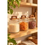 Atbyhome 3'lü Kulplu Ahşap Kapaklı Çizgili Borosilikat Cam Kavanoz Seti 1150ML - Vakumlu Büyük Boy Erzak Kabı - Şeffaf - 3 Adet - 1150 ml