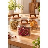 Atbyhome 3'lü Kulplu Ahşap Kapaklı Çizgili Borosilikat Cam Kavanoz Seti 850ML - Vakumlu Büyük Boy Erzak Kabı - Şeffaf - 3 Adet - 850 ml