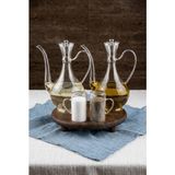 Atbyhome 5 Parça Ayaklı Ahşap Standlı Borosilikat Cam Yağlık Tuzluk Biberlik Seti - Şeffaf - 750 ml