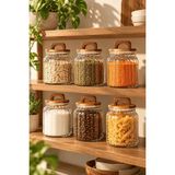Atbyhome 6'lı Kulplu Ahşap Kapaklı Çizgili Borosilikat Cam Kavanoz Seti 1150ML - Vakumlu Büyük Boy Erzak Kabı - Şeffaf - 6 Adet - 1150 ml