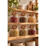 Atbyhome 6'lı Kulplu Ahşap Kapaklı Çizgili Borosilikat Cam Kavanoz Seti 850ML - Vakumlu Büyük Boy Erzak Kabı - Şeffaf - 6 Adet - 850 ml