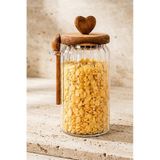 Atbyhome Akasya Ahşap Kalp Kapaklı Kendinden Kaşıklı Cam Kavanoz 760 Ml - Büyük Boy Oluklu Saklama Kabı Kahve
