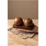 Atbyhome Akasya Bambu Stantlı 2'li Küre Tuzluk Biberlik Seti 16x8.5 cm - Yuvarlak Top Akasya Baharatlık Takım