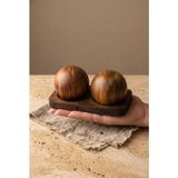 Atbyhome Akasya Bambu Stantlı 2'li Küre Tuzluk Biberlik Seti 16X8.5 cm - Yuvarlak Top Akasya Baharatlık Takımı - Kahverengi - 50 ml