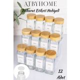 Atbyhome Bambu Kapaklı 12 Adet Cam Baharatlık Seti 120 ml - Etiket Hediyeli