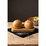 Atbyhome Bambu Stantlı 2'li Küre Tuzluk Biberlik Seti 16X8.5 cm - Doğal Yuvarlak Top Bambu Baharatlık Takımı - Kahverengi - 50 ml