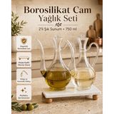 Atbyhome Mermer Stantlı 2'li Borosilikat Cam Yağlık Sirkelik Seti 750 ml - Akıtmayan Kulplu Cam Ibrik Yağdanlık