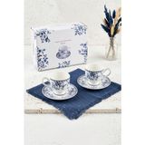 Atbyhome Nihal 2 Kişilik Porselen Türk Kahvesi Fincan Takımı 90 cc - Mavi Çiçekli Ayaklı Kahve Fincan Seti - 1 Adet - 90 ml