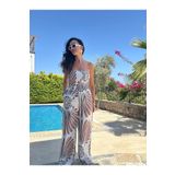 Atelier Derin Beyaz Üzeri Kahverengi Desenli Straplez Tulum