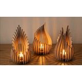 Ateş 3'lü Tealight Mumluk Ahşap Mumluk + Led Pilli Mum Ham Mdf