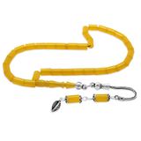 Ateş Kehribar Tesbih - 925 Ayar Gümüş Püsküllü - Mini Boy - Sarı - Kesme Kesim