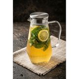 Ateşe Dayanıklı Borosilikat Çizgili Cam Sürahi 1800 Ml - Paslanmaz Çelik Süzgeç Kapaklı Bitki Çayı Ve Su Sürahisi