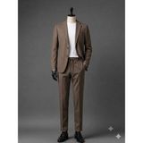 Atk Giyim Erkek Beli Ipli ve Lastikli Smart Casual Takım Elbise - Iki Düğmeli Mono Yaka Slim Fit Ceket & Pantolon Seti - Kahverengi - XL