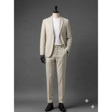 Atk Giyim Erkek Beli Ipli ve Lastikli Smart Casual Takım Elbise - Iki Düğmeli Mono Yaka Slim Fit Ceket & Pantolon Seti - Krem - XL