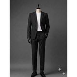 Atk Giyim Erkek Beli Ipli ve Lastikli Smart Casual Takım Elbise - Iki Düğmeli Mono Yaka Slim Fit Ceket & Pantolon Seti - Siyah