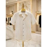 Atk Giyim Erkek Çizgili Kısa Kollu Slim Fit Gömlek - Pamuklu Likralı Rahat Kalıp - Beyaz - 2XL