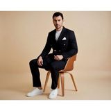 Atk Giyim Erkek Slim-Fit Çizgili Kruvaze Takım Elbise - Modern Kesim Ceket Pantolon - Siyah - Beyaz