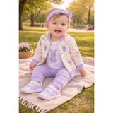 Atlas Baby House Kız Bebek Lila Mevsimlik 3'lü Kolej Takım Tavşan Baskılı Body Hırka Pantolon Seti - 9 Ay