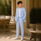 Atlas Kids Erkek Çocuk Keten Premium Çizgili Takım Elbise / Düğün, Mezuniyet ve Özel Günler (5'li Set) - 9 Yaş - Bebe Mavi