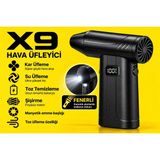 Atlt Atlantis X9 Hava Üfleyici 130.000RPM Şarjlı Fenerli 5 Kademeli Turbo Fan 52M/S Güçlü Hava Üfleyiyici Taşınabili Cep Boyutunda Mangal Toz Şişme Çadır Şişe Yatak Deniz Yatağı Topu Şişirme - Siyah