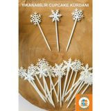 Atolye Doruk Beyaz Kar Tanesi Cupcake Kürdanı-Yılbaşı Masa Süsleme-Elsa Pasta Süsleme Malzemeleri-Frozen Kürdan