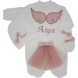 Atölye Müge Melek Kanatlı Kız Bebek Hastane Çıkışı 3 Lü Set Koyu Pudra - 3 - 6 Ay - Beyaz