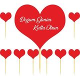 Atölye7 Tasarım 10 Adet Doğum Günün Kutlu Olsun El Yazı Kırmızı Kalp Kürdanlı Cupcake Pasta Süsü Süsleme Kalın Kağıt