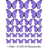 Atölye7 Tasarım Mor Kelebekler 20X24 cm A4 Yenilebilir Pasta Kurabiye Şeker Hamuru Kağıt Hd Kalite Yüksek Baskısı