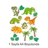 Atölye7tasarım Sevimli Dinazorlar 1 Sayfa A4 Yenilebilir Pasta Kurabiye Şeker Hamuru Kağıt Baskısı