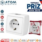 Atom Topraklı Priz Sıva Üstü - Beyaz