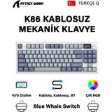 Attack Shark K86 2.4g Wireles/bluetooth/usbc Gasket Kablosuz Rgb Ekranlı Mekanik Klavye Türkçe Q - K86 Lavender Blue