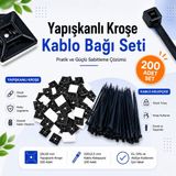 Atx Yapışkanlı Kroşe Kablo Bağı Seti Kablo Klipsi Seti 200 Parça Set - Siyah