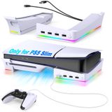 Auarte 2023 RGB Yatay Stand, PS5 İnce Konsol Aksesuarları, 14 Işık Modu ve 4 USB Hub, Playstation 5 Slim Disk ve Dijital için Yan Stand, Hızlı Kontrol Cihazı Şarjlı Taban Tutucu, Beyaz