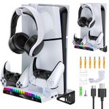 Auarte PS5 konsol/Slim konsol için RGB duvar askısı, Dual Controller şarj istasyonu (15 RGB) ile metal duvar askısı, kulaklık tutuculu ve Playstation 5 Slim Disk ve Dijital için 3 USB hub