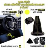 Audi A3 2003-2012 Uyumlu Siyah Deri Sarı Dikiş Direksiyon Kılıfı ve Vites Körüğü 2'li Set