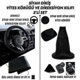 Audi A3 Uyumlu Siyah Deri Siyah Dikiş Direksiyon Kılıfı ve Vites Körüğü 2'li Set