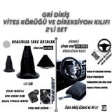 Audi A4 Uyumlu Siyah Deri Gri Dikiş Direksiyon Kılıfı ve Vites Körüğü 2'li Set