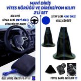 Audi A8 Long 2010-2017 Uyumlu Siyah Deri Mavi Dikiş Direksiyon Kılıfı ve Vites Körüğü 2'li Set