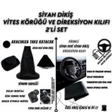 Audi A8 Uyumlu Siyah Deri Siyah Dikiş Direksiyon Kılıfı ve Vites Körüğü 2'li Set