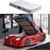 Audi Kapıları Açılabilen Full Ledli Koltuklu Bazalı Arabalı Yatak, Kırmızı + Comfort Yatak - 90 x 190 cm