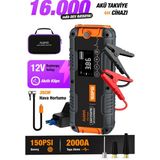 Auhma A9955 16000mAh150 Psı Dijital Şarjlı Oto Lastik Şişirme Pompası Powerbank Özellikli Jump Starter Araç Akü Takviye Cihazı ve Hava Kompresörü
