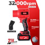 auhma AHV-18 Şarjlı Turbo Fan Hava Üfleyici Kırmızı - 21V Kömürsüz Motor (Brushless) - 32.000 RPM Ot