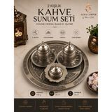 Aura Copper 2 Kişilik Bakır Kahve Sunum Seti El Işlemeli Tepsili Türk Kahvesi Fincan Takımı - Ağır El Işleme Mat - Ağır El İşleme Mat - Antik Gümüş