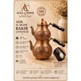 Aura Copper 3 Kat Ağır El Işlemeli Bakır Çaydanlık Seti 1,2 mm Yoğun Motifli Gümüş Eskitme Büyük Boy - (Bakır Bileklik Hediyedir !!!) - Trs-0042