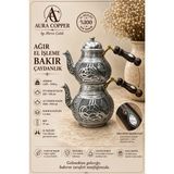 Aura Copper 3 Kat Ağır El Işlemeli Bakır Çaydanlık Seti 1,2 mm Yoğun Motifli Gümüş Eskitme Büyük Boy - (Bakır Bileklik Hediyedir !!!) - Trs-0043