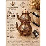 Aura Copper 3 Kat Ağır El Işlemeli Bakır Çaydanlık Seti 1,2 mm Yoğun Motifli Gümüş Eskitme Büyük Boy - (Bakır Bileklik Hediyedir !!!) - Trs-0044